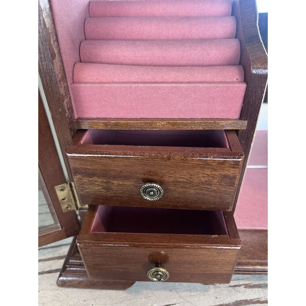 Vintage Wooden Jewelry Armoire Box Cabinet w/ Glass Floral Doors & Drawers